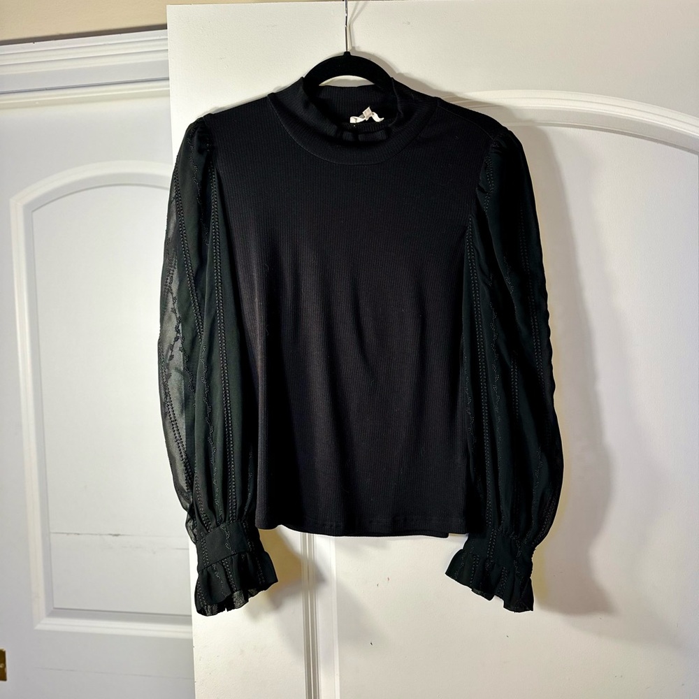 Heartloom black blouse, mock turtleneck, sheer billowing sleeves